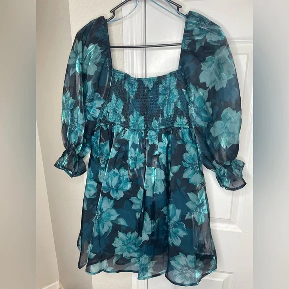Teal Blue Floral Chiffon Babydoll Dress Square Neck M - Picture 3 of 7